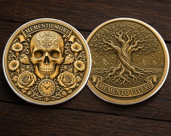 Memento Mori Challenge Coin, Memento Vivere Skull Coin, Stoic Philosophy Metal Coin, Reminder of Life Keepsake Gift