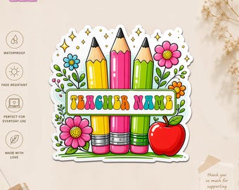 Autocollant personnalisé nom de professeur Apple au crayon, autocollants imperméables personnalisés nom enseignant fleur pour ordinateur portable bouteille d'eau