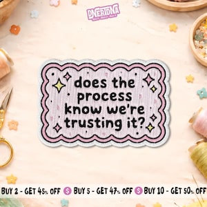 May include: A rectangular embroidered patch with a scalloped pink border and a light pink background. The patch features the black embroidered text "does the process know we're trusting it?" surrounded by small yellow and pink star icons.