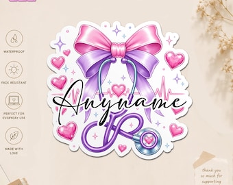 Autocollant personnalisé de nom de stéthoscope d'infirmière d'arc, autocollants imperméables personnalisés de nom mignon de girly de battement de coeur pour l'ordinateur portable de bouteille d'eau