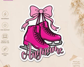 Custom Ice Skating Name Sticker, Personalized Figure Skate Boot Decal, Cute Coquette Bow Skater Gift, Pink Ice Skates Vinyl Stickers