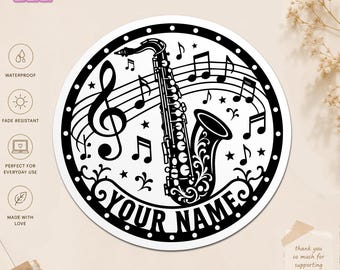 Custom Saxophone Name Sticker, Personalized Jazz Musician Decal, Sax Player Gift, Music Lover Band Instrument Waterproof Sticker for Laptop