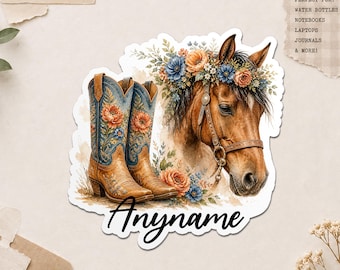 Personalized Cowgirl Name Sticker, Custom Floral Boots Horse Name Waterproof Stickers for Water Bottle
