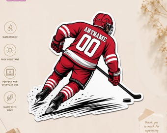 Custom Ice Hockey Player Name Number Sticker, Personalized Hockey Jersey Decal, Sports Team Gift, Youth Hockey Waterproof Sticker for Laptop