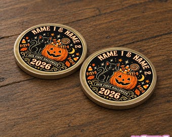Personalized First Halloween Coin, Custom Couple Names, Pumpkin Black Cat Gift, Spooky Season Coin Chip Appreciation Keepsake Gift