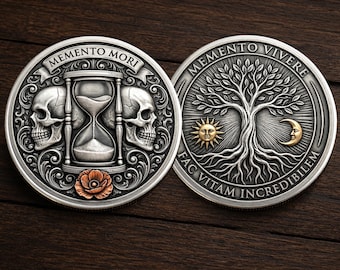 Hourglass Memento Mori Coin, Tree Of Life Stoic Philosophy Gothic Skull Coins, Recovery Sobriety Coin Chip Appreciation Keepsake Gift
