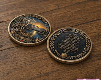 Custom Sober Anniversary Coin, Personalized Wolf Recovery Token, Sobriety Year Milestone, Recovery Prayer Coin Appreciation Keepsake Gift