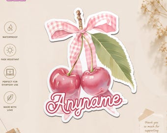 Personalized Coquette Cherry Name Sticker, Custom Cute Pink Bow Cherry Decal, Girly Aesthetic Waterproof Laptop Tumbler Gift Water Bottle
