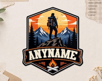 Autocollant personnalisé nom de randonneur, randonnée rétro personnalisée aventure sports de plein air amateur de sentiers autocollants imperméables pour bouteille d'eau cadeau elle, lui