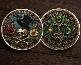 Memeto Mori Tree of Life & Skull Coin, Inspirational Motivation Stoic Daily Reminder Coin Chip Appreciation Keepsake Gift
