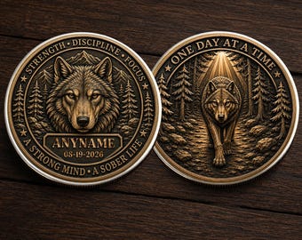 Personalized Wolf Sobriety Recovery Challenge Coin, Custom Name Date Milestone Coin, Strength Discipline Motivation Gift, Sober Gift