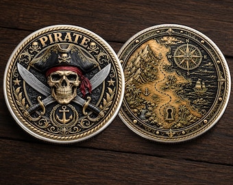 Pirate Skull Challenge Coin, Treasure Map Collectible Metal Coin, Nautical Adventure Gift for Pirate Lovers Coin Chip Appreciation Keepsake