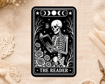 The Reader Sticker, Book Lover Tarot Card Skeleton Reading Bookish Booktok Waterproof Stickers for Water Bottle Laptop Gift Her, Him