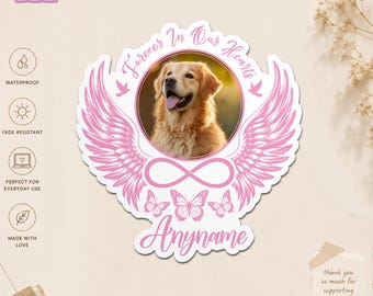 Custom Memorial Photo Name Sticker, Personalized Angel Wings Remembrance Decal, Forever in Our Hearts Pet Loss Memorial Gift Keepsake