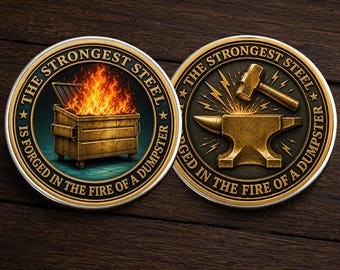 Strongest Steel Forged Coin, Dumpster Fire Challenge Coin, Blacksmith Anvil Token, Funny Motivational Gift, Resilience Keepsake