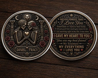 Personalized Skeleton Couple Coin, Custom Gothic Anniversary Gift, Spooky Love Names, Romantic Keepsake, Skeleton Couple Coin Chip Gift
