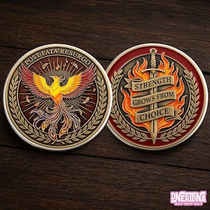 May include: Two circular metal coins featuring detailed relief designs. The left coin displays a phoenix with the text POST FATA RESURGO. The right coin shows a sword surrounded by flames and a banner with the text STRENGTH GROWS FROM CHOICE.