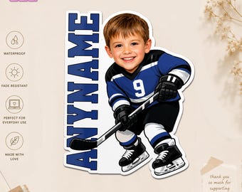Personalized Kid Face Ice Hockey Sticker, Custom Photo Hockey Player Name Number Decal, Youth Hockey Team Gift for Boys Girls