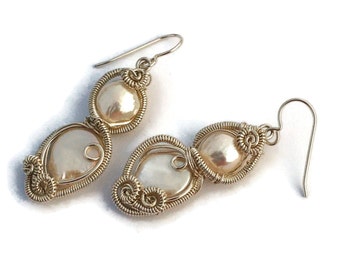 Large Fancy Pearl Earrings in Sterling Silver / Fantasy Jewelry / Wire Wrapped Earrings in White Pearl / Ocean Jewelry
