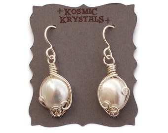 Drop Pearl Earrings in Sterling Silver / Simple Wire Work Jewelry / White Drop Pearl Earrings / Ocean Jewelry
