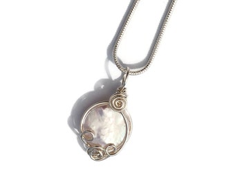 Pearl Coin Pendant in Sterling Silver / Off-White Cultured Pearl Necklace / Small Wire Wrapped Pearl Jewelry / Ocean Necklace