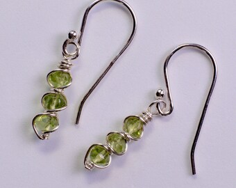 Small Faceted Peridot Gemstone Earrings in Sterling Silver / Dainty Green Dangle Earrings / August birthstone