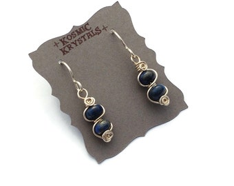 Lapis Lazuli Gemstone Earrings in Sterling Silver / Blue Stone Earrings / Small Wire