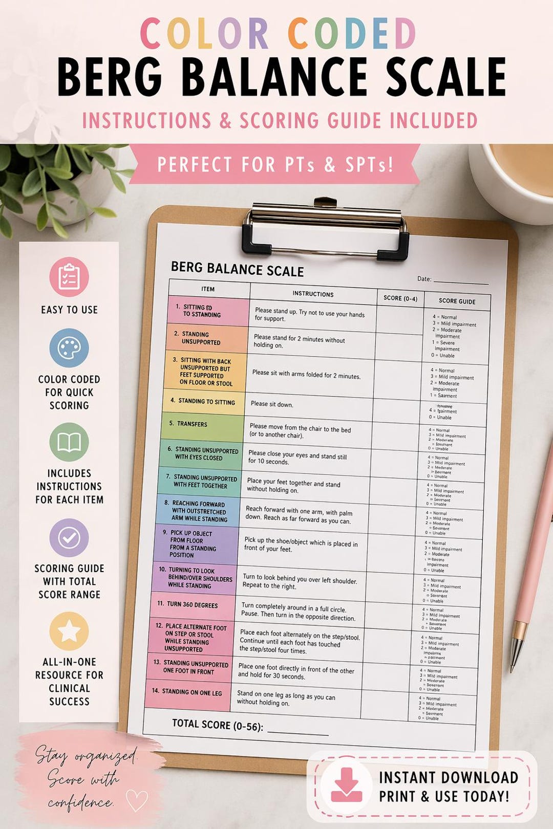 Color Coded Berg Balance Scale and Scoring Guide - Etsy