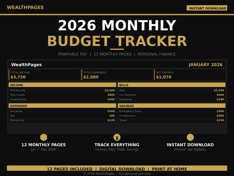2026 Monthly Budget Tracker | Printable PDF Planner (digital Download