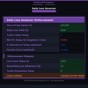 May include: A digital display with the text "Trading Risk Engine" and "Daily Loss Governor." The screen shows financial data, including equity, loss limits, and trade details. The lock status is displayed as "LOCKED (STOP TRADI)."