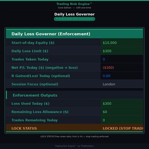 May include: A dark-themed graphic displaying financial data from the "Trading Risk Engine." The interface shows metrics like "Daily Loss Limit," "Net P/L Today," and "Trades Taken Today." The lock status is "LOCKED (STOP TRADI)."