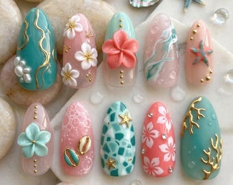 Pastel Ocean Press On Nails, Tropical Flowers, Starfish, Shell Design