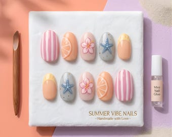 Handmade Summer Vibe Press on Nails, Hibiscus Starfish Tropical Beach Designs