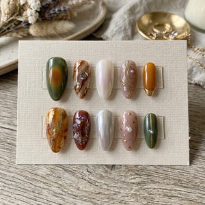 Earthy Press On Nails - Amber Tortoise Shell, Sage Green Aura & Pearl Accents - Gold Foil Marble Nails - Handmade Gift for Her