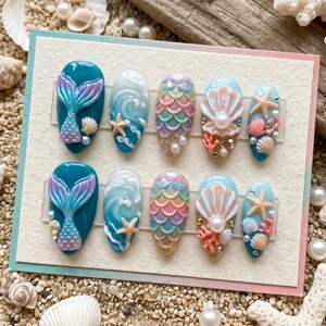 Luxury Mermaid Tail Press On Nails | 3D Ocean Waves & Pastel Scale Nail Art | Handmade Iridescent Shell And Starfish Nails