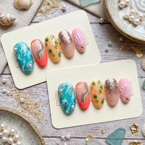 Tropical Summer Press On Nails - 3D Seashell and Ocean Marble Art - Cute Pineapple and Rainbow Swirl Design - Colorful Glitter Sparkle