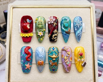 Disney-Prinzessinnen-Kunstnägel zum Aufkleben | Handbemalte, charakterförmige Kunstnägel | Individuelles Nageldesign-Set | Geschenk für Sie