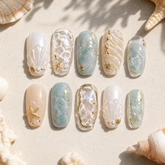 Mermaidcore Ocean Press On Nails - 3D Seashell & Starfish Design - Iridescent Pearl, Gold Sand And Water Ripple Art -Handmade Reusable Nails