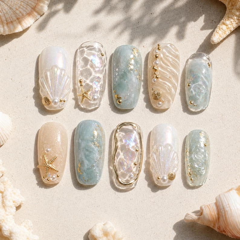 Puede incluir: Diez u&ntilde;as postizas con tem&aacute;tica playera. Los dise&ntilde;os incluyen conchas marinas, estrellas de mar, perlas y detalles dorados. Los colores son blanco, azul, beige y dorado, creando una est&eacute;tica costera.