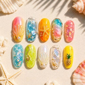 Tropical Summer Press On Nails - 3D Seashell, Starfish & Pineapple Design - Iridescent Ocean Ripple And Colorful Marble Nail Art