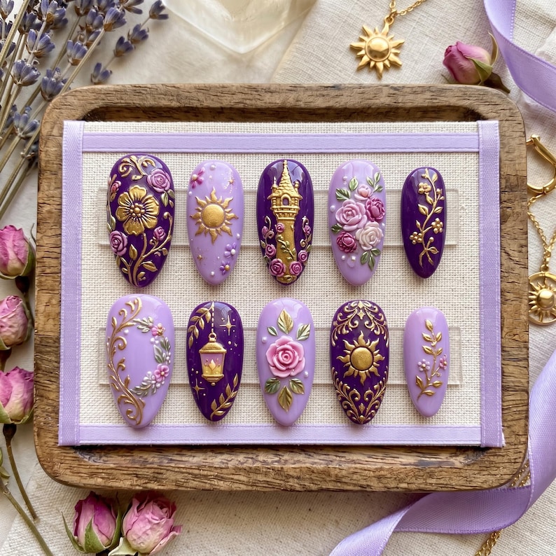 Luxury Rapunzel Inspired Press on Nails | 3D Tangled Tower & Golden Sun ...