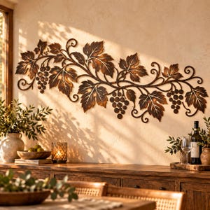 Decorazione da parete con vite, arte murale in metallo 2D a tema vigneto, decorazione rustica per la regione vinicola, decorazione da parete con foglia di vite, idea regalo per la cucina