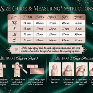 Puede incluir: Gu&iacute;a de tallas e instrucciones de medici&oacute;n para u&ntilde;as. La gu&iacute;a incluye tallas de u&ntilde;as XS, S, M y L, con medidas en mil&iacute;metros para el pulgar, &iacute;ndice, medio, anular y me&ntilde;ique. Se proporcionan instrucciones para medir las u&ntilde;as con cinta o papel.