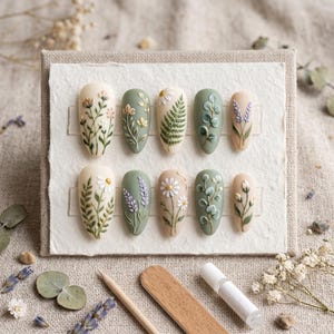 May include: A set of ten almond-shaped press-on nails featuring raised 3D botanical designs. The nails are painted in shades of cream and sage green, decorated with intricate hand-painted flowers, ferns, lavender sprigs, and eucalyptus leaves.
