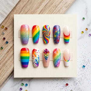 Può includere: Un set di dieci unghie finte con disegni colorati. I disegni includono sfumature arcobaleno, spirali, stelle e motivi astratti. Alcune unghie presentano glitter e strass. Le unghie sono presentate su uno sfondo neutro.