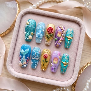 Fairytale Press On Nails, Fantasy Inspired Handmade Nails, Mermaid and Lantern Nail Art, Storybook Reusable Nails