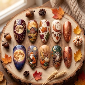 Whimsical Autumn Press On Nails, Celestial Harvest Nail Art, Fox Owl Fall Mani Set, Hand Painted Fall Press Ons, Pumpkin Patch Nails
