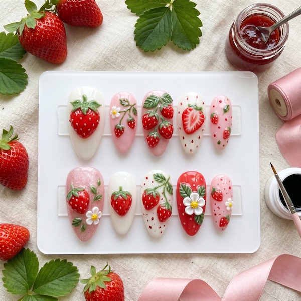 Strawberry Press on Nails, Fruit Fake Nails, 3D Berry Pressons, Almond Nails, Summer Gel Nails, Gift for Her, Custom Nails, Cute Nail Art
