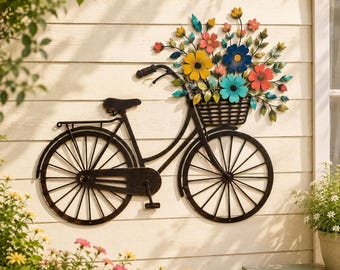 Décoration murale en métal représentant un vélo avec panier fleuri, fleurs printanières colorées, panneau de jardin extérieur, cadeau botanique pour la maison