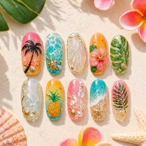 Uñas postizas 3D de playa veraniega - Uñas pintadas a mano con palmeras, hibiscos y piñas - Uñas de gel Mermaidcore con conchas marinas - Regalo para ella